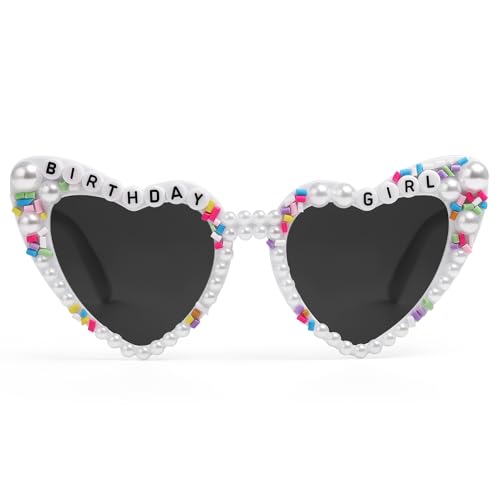 Etercycle Herz-Brille, Geburtstag Mädchen Herzförmige Sonnenbrille, niedliche Perle weiße Sonnenbrille Geburtstagsgeschenke für Partydekorationen von Etercycle