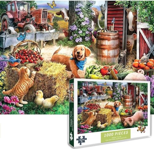 Puzzle 1000 Teile Glücklicher Bauernhof, Kleiner Hund und Bauernhof Tiere der Versteckspiel spielt, kreatives Puzzl, für Erwachsene und Kinder ab 14 Jahren von Etomvoop