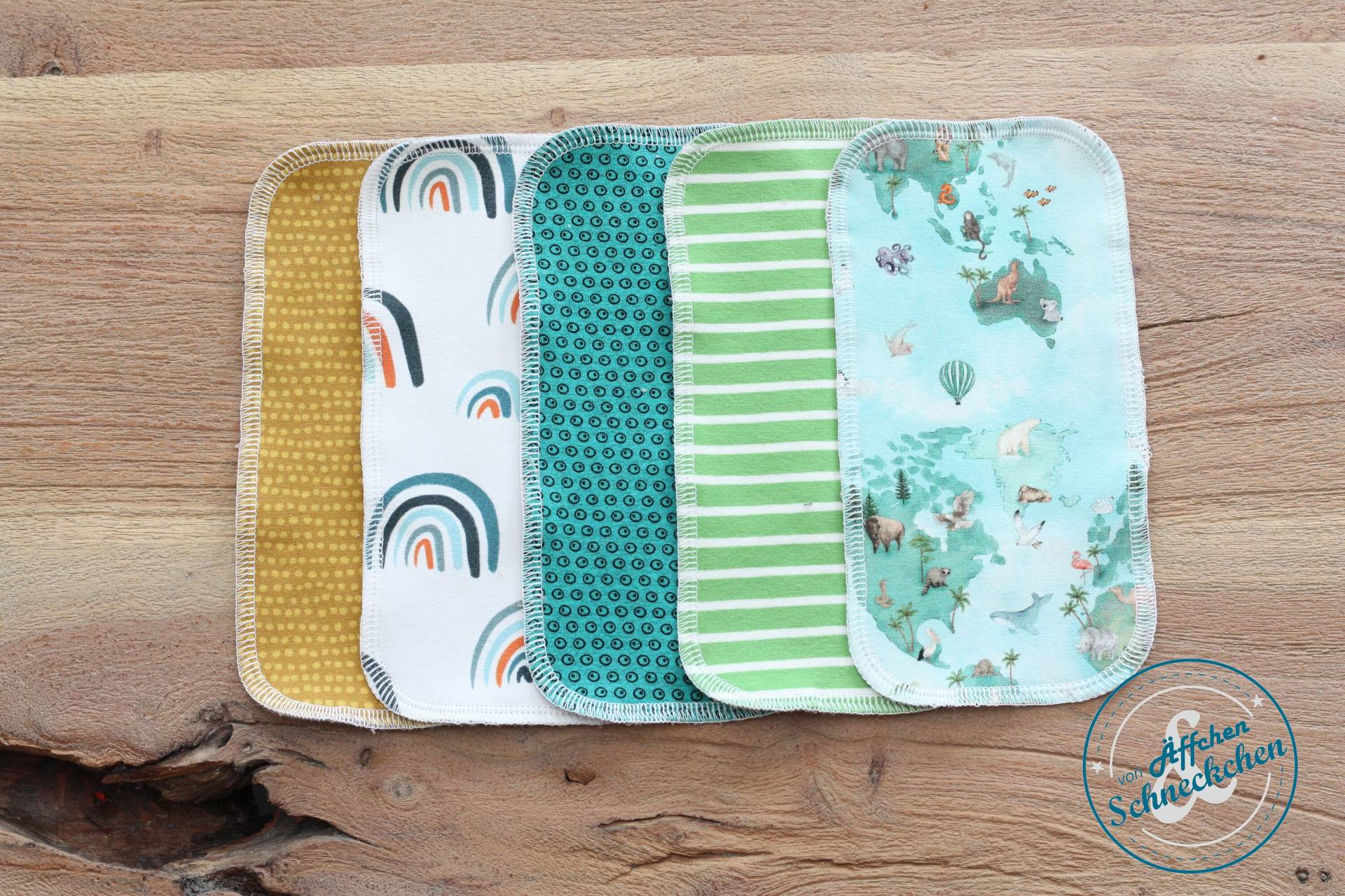 5 Bio - Mehrweg Feuchttücher Waschlappen Tiere, Waldtiere, Weltreise Karte Zerowaste von Etsy - AeffchenSchneckchen
