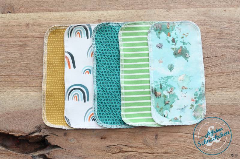 5 Bio - Mehrweg Feuchttücher Waschlappen Tiere, Waldtiere, Weltreise Karte Zerowaste von Etsy - AeffchenSchneckchen