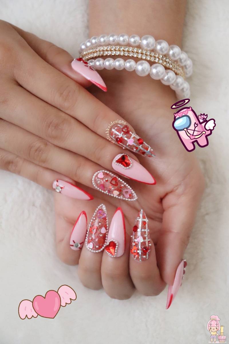Pink & Rot Drücken Sie Auf Die Nägel | Kawaii Süße |Prinzessinnen |Fake |stiletto |Swarovski Nägel| Gel von Etsy - AliahKeiDesigns