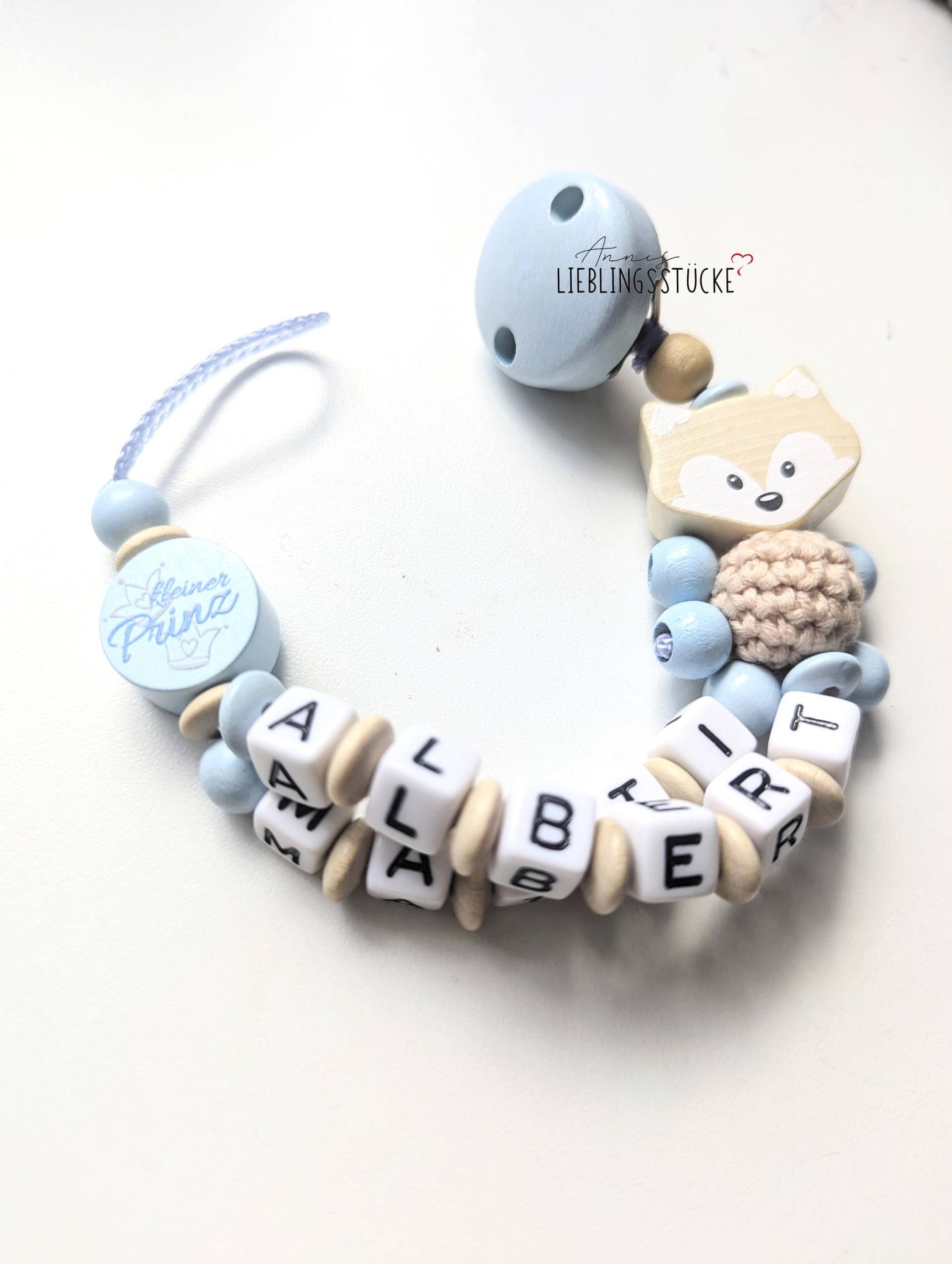 Schnullerkette Doppelname Fuchs Mit Kleiner Prinz Natur Hellblau von Etsy - AnniLieblingsstuecke