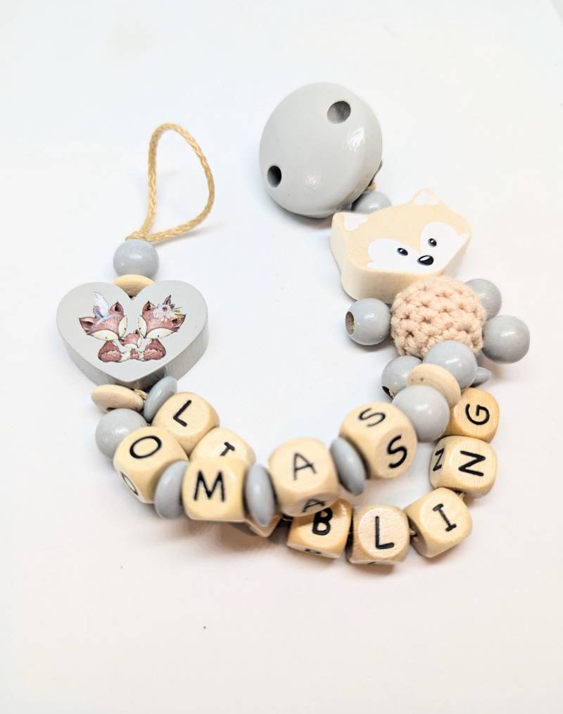 Schnullerkette Doppelname Fuchs Natur Hellgrau von Etsy - AnniLieblingsstuecke