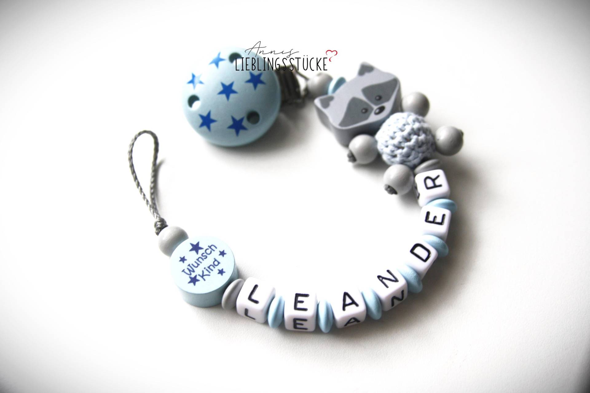 Schnullerkette Mit Namen Junge Personalisiert Waschbär Wunschkind Hellblau Geburt Taufe Babygeschenk Babyparty von Etsy - AnniLieblingsstuecke