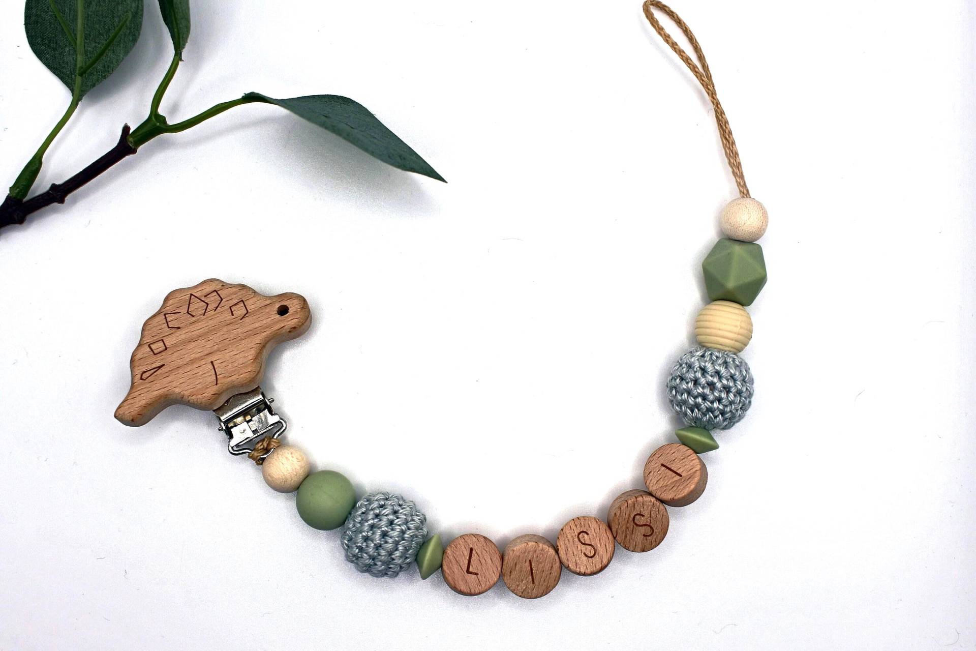 Schnullerkette Dino, Runde Buchstaben, Wählbarer Clip, Personalisiert von Etsy - ArtPearlBaby