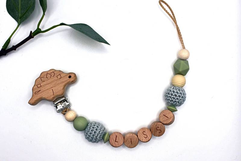 Schnullerkette Dino, Runde Buchstaben, Wählbarer Clip, Personalisiert von Etsy - ArtPearlBaby