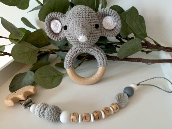 Schnullerkette Und Rassel Im Set, Personalisierbar, Geschenkset Elefant von Etsy - ArtPearlBaby