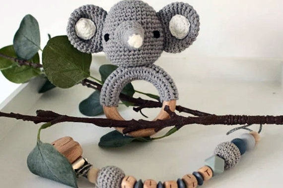 Schnullerkette Und Rassel Im Set, Personalisierbar, Geschenkset Elefant von Etsy - ArtPearlBaby