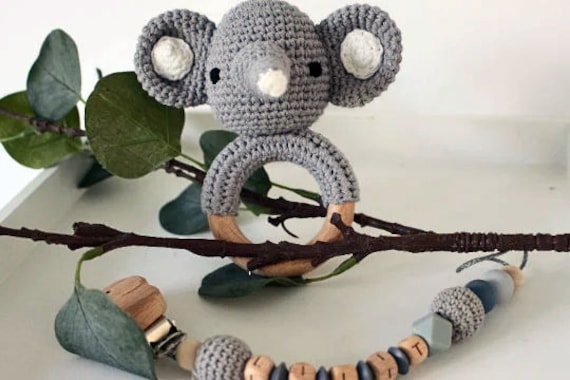 Schnullerkette Und Rassel Im Set, Personalisierbar, Geschenkset Elefant von Etsy - ArtPearlBaby