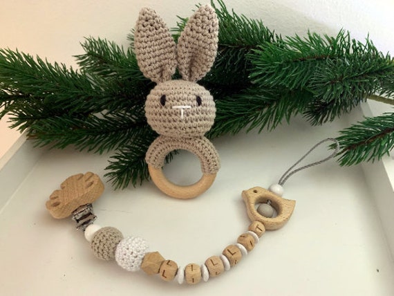 Schnullerkette Und Rassel Im Set, Personalisierbar, Geschenkset Hase von Etsy - ArtPearlBaby