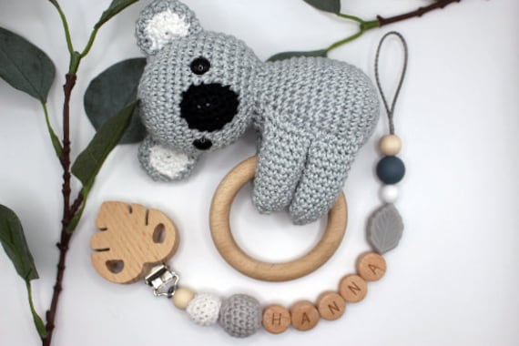 Schnullerkette Und Rassel Im Set, Personalisierbar, Geschenkset Koala von Etsy - ArtPearlBaby