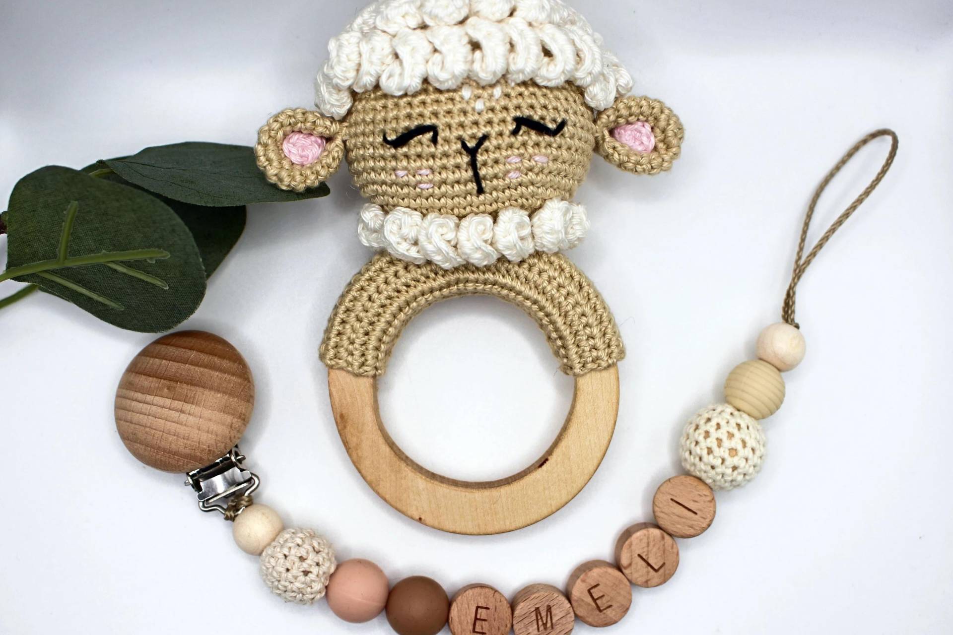 Schnullerkette Und Rassel Im Set, Personalisierbar, Geschenkset Schaf von Etsy - ArtPearlBaby