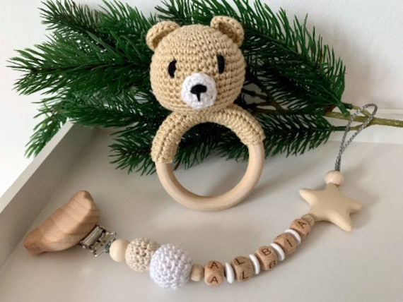 Schnullerkette Und Rassel Im Set, Personalisierbar, Geschenkset Teddy von Etsy - ArtPearlBaby