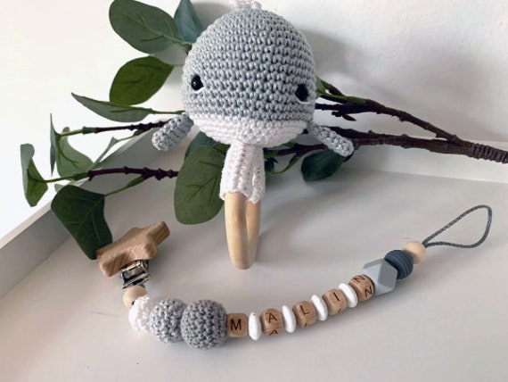 Schnullerkette Und Rassel Im Set, Personalisierbar, Geschenkset Wal von Etsy - ArtPearlBaby