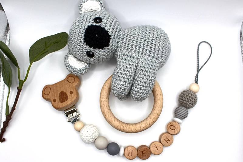 Schnullerkette Und Rassel Im Set Koala, Personalisierbar, Geschenkset Koala von Etsy - ArtPearlBaby
