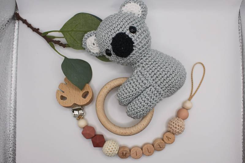 Schnullerkette Und Rassel Koala Im Set, Personalisierbar, Geschenkset von Etsy - ArtPearlBaby