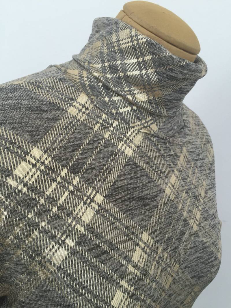 Grau Gold Tartan Rollkragen. Stretch-Jersey Mit Elegante Damen Oberteile von Etsy - Atooda