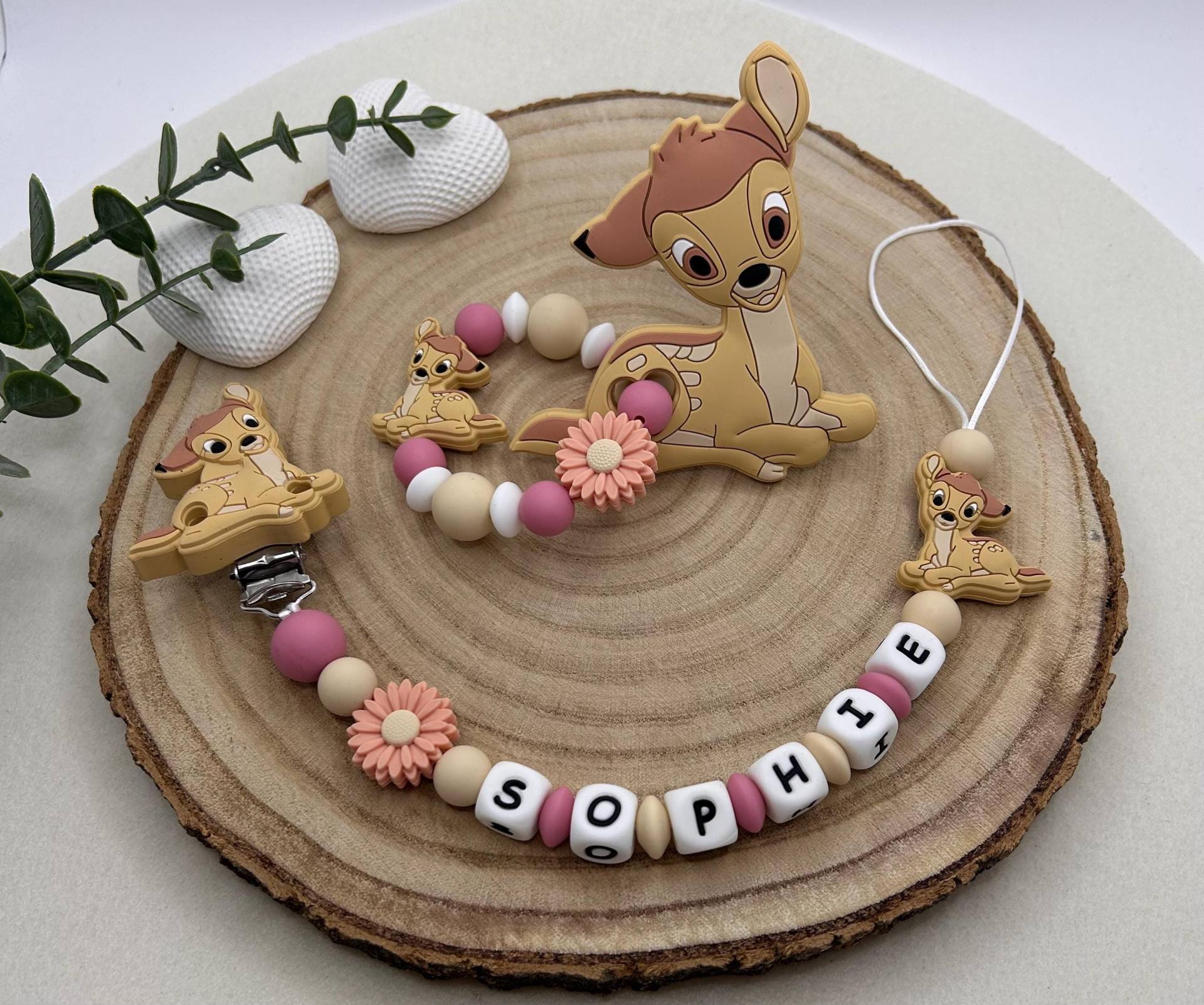 Schnullerketten Set | Schnullerkette Greifring Bambi Reh Blume Personalisierte Baby Geschenk Handmade Schnullerketten Set | Schnullerkette Greifring Bambi Reh Blume Personalisierte Baby Geschenk Handmade von Etsy - Babyperlenparadies