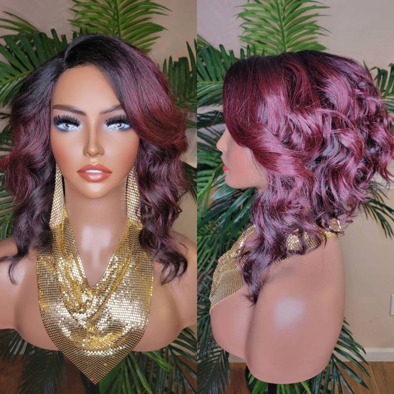 Perücke Bob Stil Lockere Welle Pre-Cut Lace Prepucked Swoop Bang Hair Ombre Burgund Dunkle Weinpflaume Farbe von Etsy - Beautyblessings6