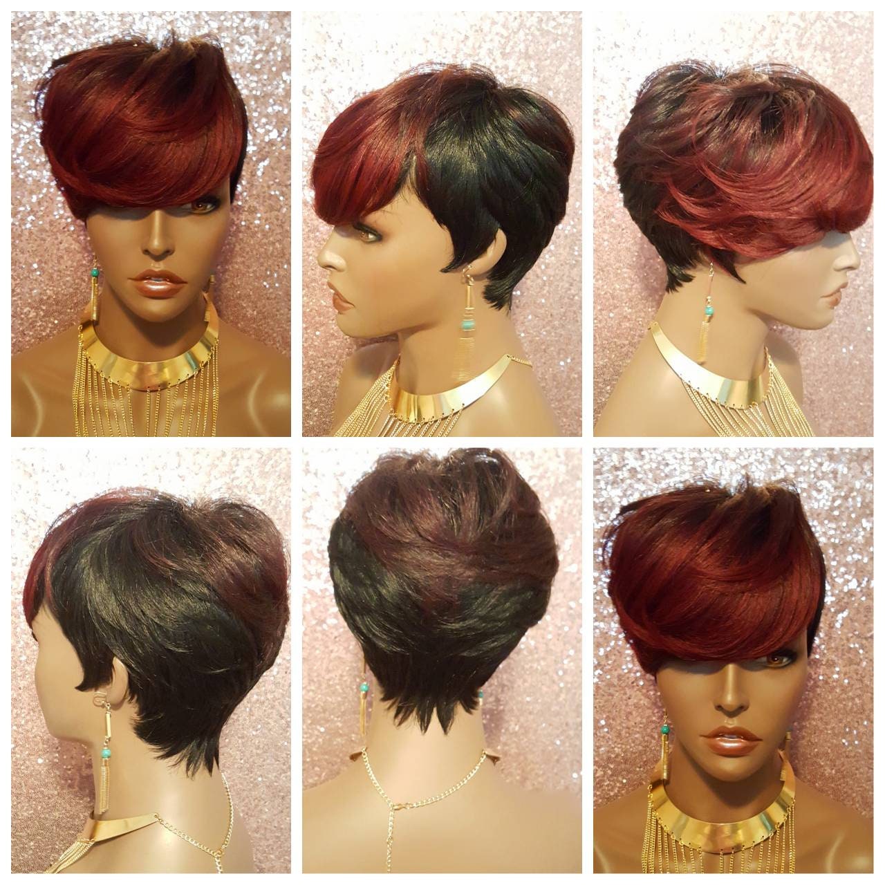 Perücke Short Cut Feather Style Full Cap Premium Fibre Swoop Bang Light Yaki Textur Burgundy Haar Perücken von Etsy - Beautyblessings6