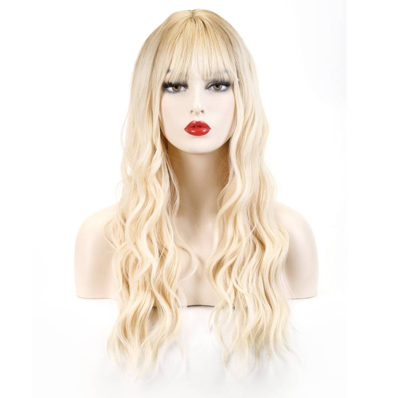 Lange Lockere Welle Platinblonde Perücke Mit Ordentlichem Pony-Kunsthaar von Etsy - Belezahair