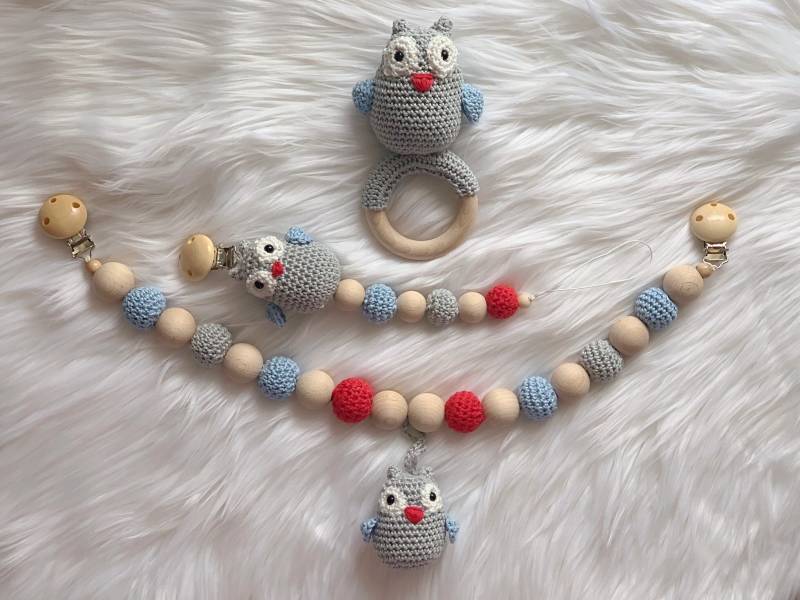 Baby Geschenk Häkel Set Amigurumi Schnullerhalter Schnullerclip Schnullerkette Rassel Greifling Kinderwagenkette Eule von Etsy - BestLovelythings