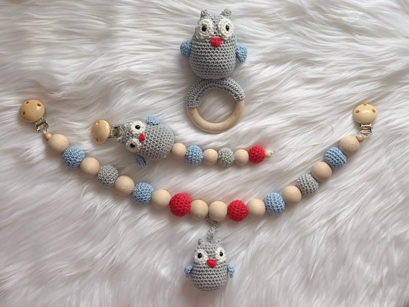 Baby Geschenk Häkel Set Amigurumi Schnullerhalter Schnullerclip Schnullerkette Rassel Greifling Kinderwagenkette Eule von Etsy - BestLovelythings