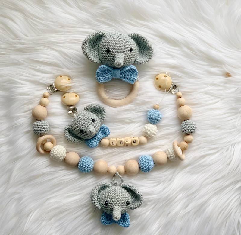 Baby Geschenk Häkel Set Schnullerhalter-Clip Rassel Greifling Schnullerkette Kinderwagenkette Elefant von Etsy - BestLovelythings