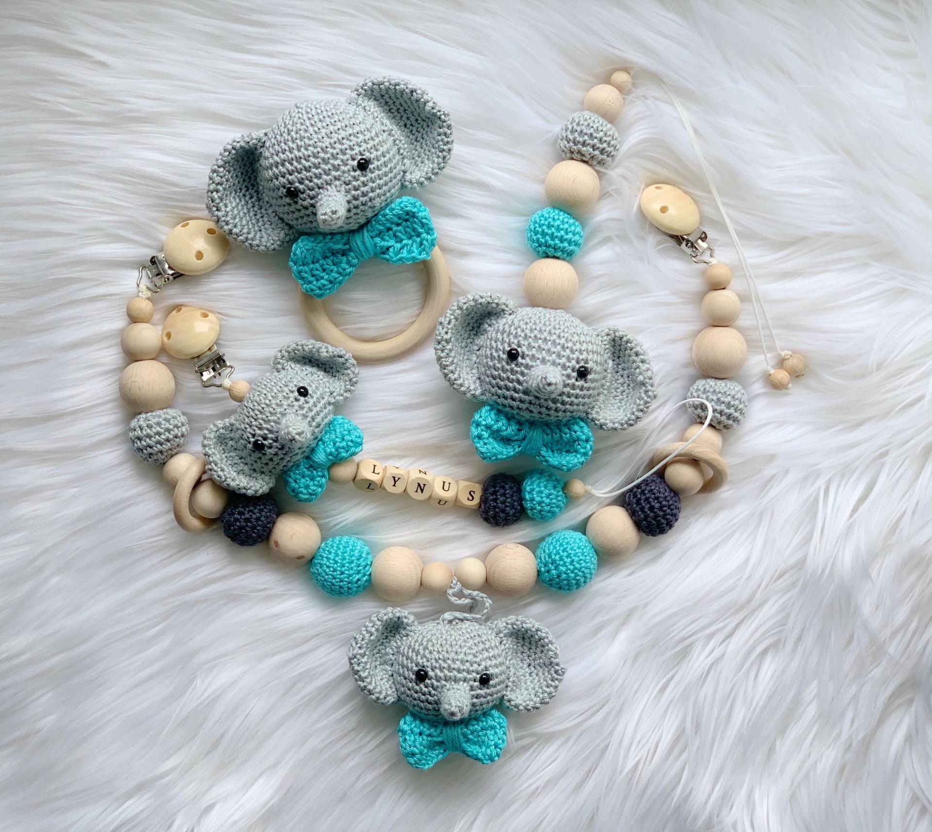 Baby Geschenk Häkel Set Schnullerhalter-Clip Rassel Greifling Schnullerkette Kinderwagenkette Elefant von Etsy - BestLovelythings