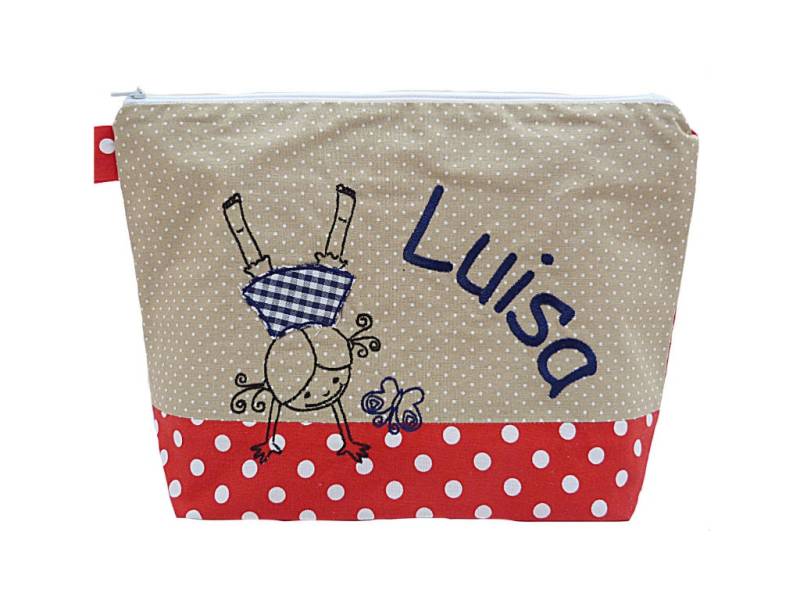 Bestickte Tasche Handstand + Name Rot - Natur Wickeltasche Kulturbeutel Windeltasche Kulturtasche Waschtasche 24 Schriftarten Kosmetiktasche von Etsy - Bestickend