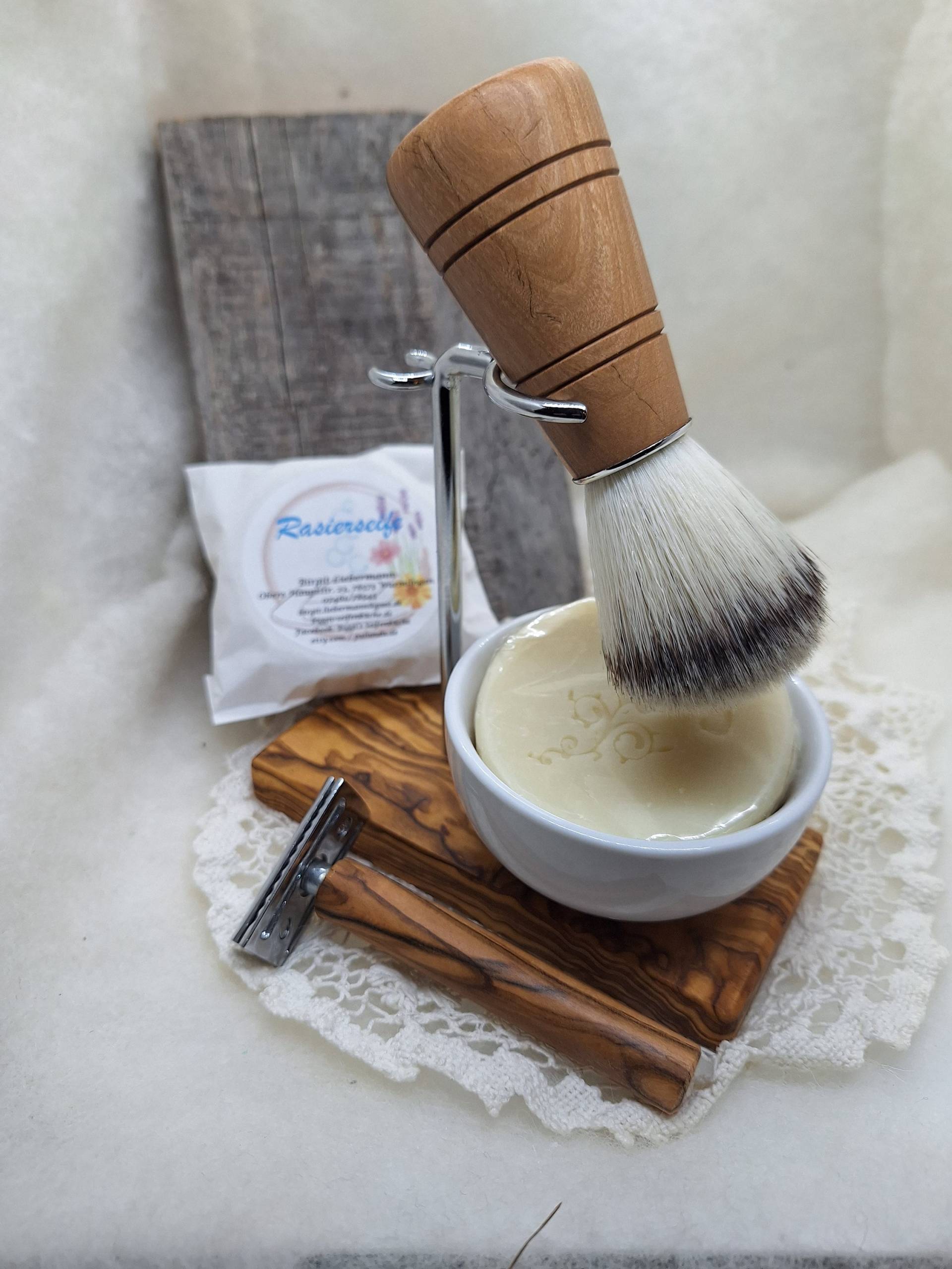 Rasier-Set Aus Olivenholz Mit Runder Schale, Rasier-Hobel, Veganer Rasier-Pinsel Und Seife -Schönes Geschenkset von Etsy - BiggisSeifenkueche