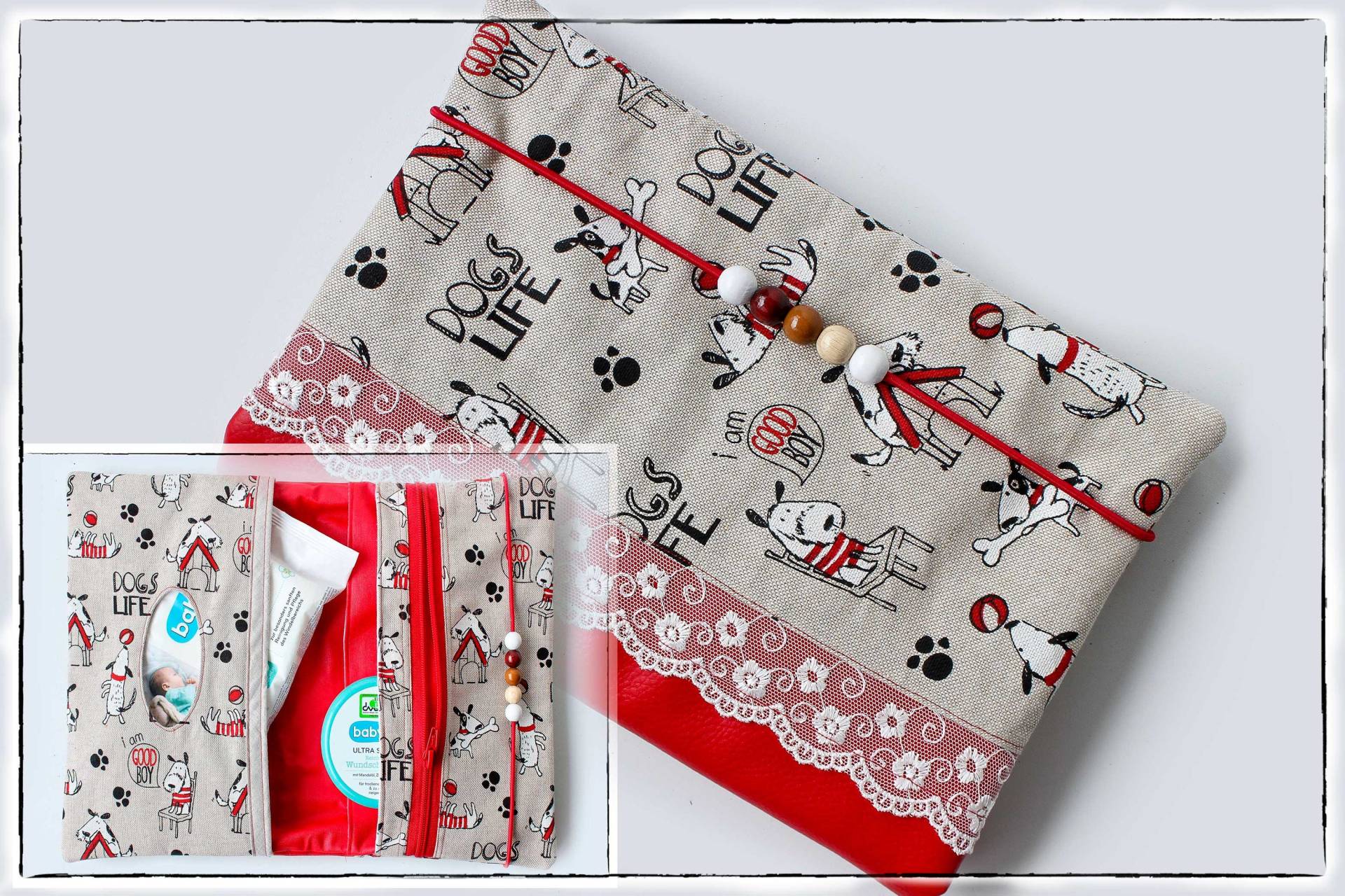 Wickeltasche/Windeltasche "Kleine Hunde" Rot-Natur von Etsy - BinilaKreativ