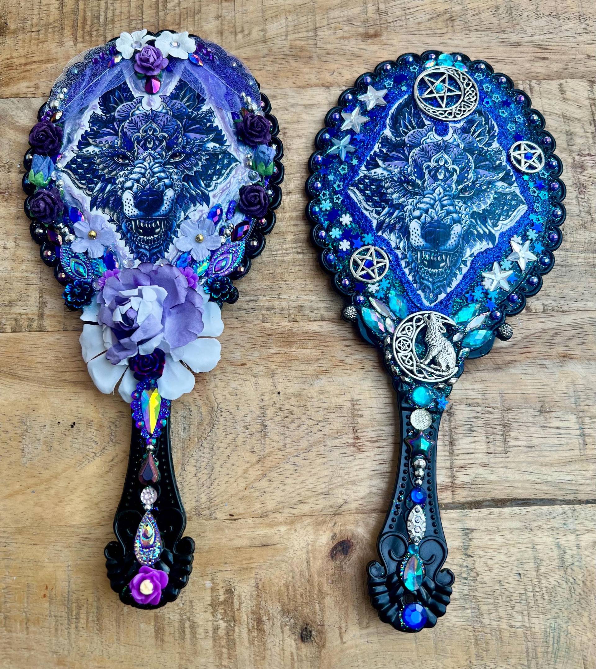 Handspiegel, Design Wolf. Handgefertigtes Geschenk Für Sie/Frau Freund Brautjungfer, Make-Up Hand Kosmetikspiegel, Verzierte Edelsteine, Blumen von Etsy - BlingArtCrafts