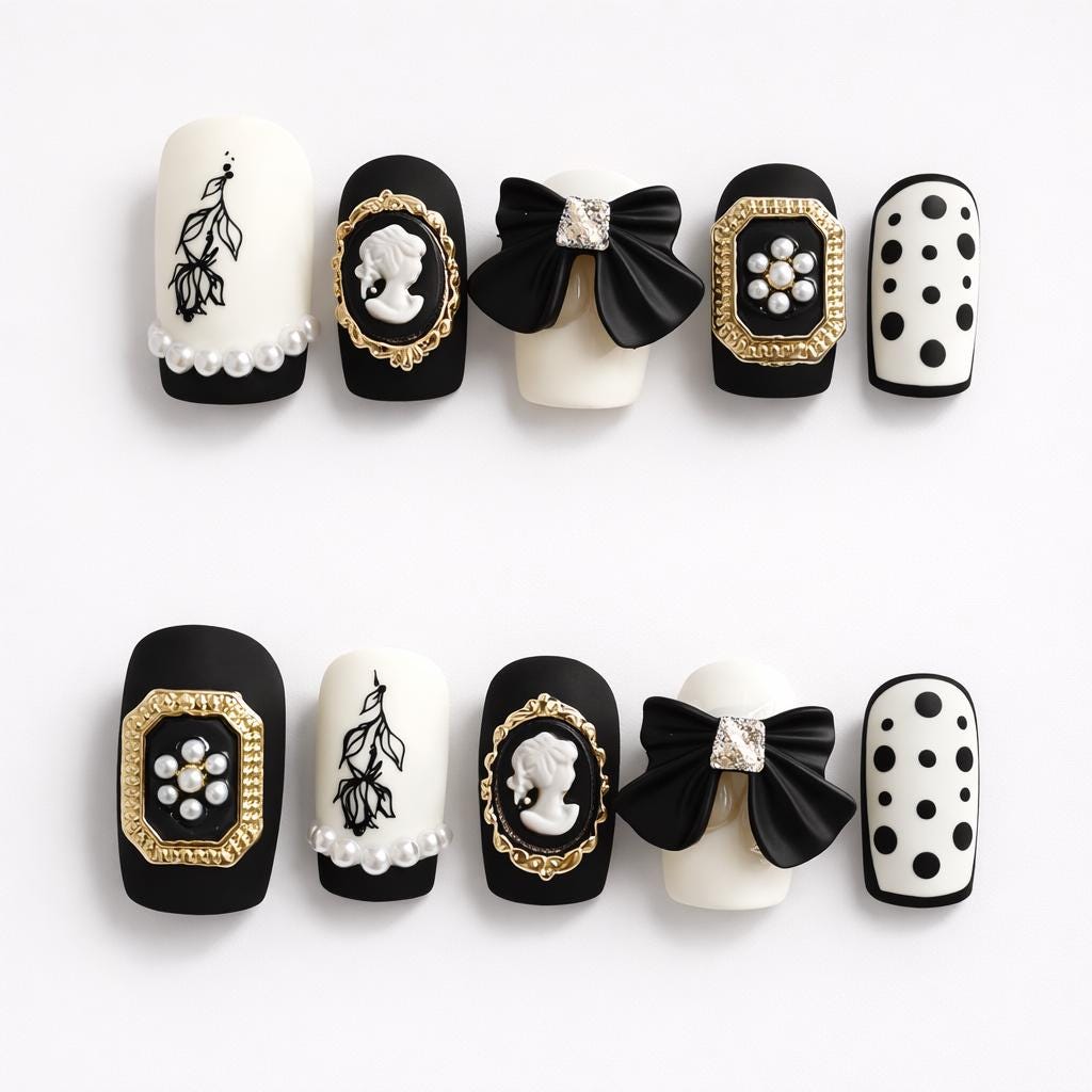 Black & White Press On Nails | Elegant French Tip Pearl Bow Classy Handmade Reusable Nail Set von Etsy - BlushPressOn
