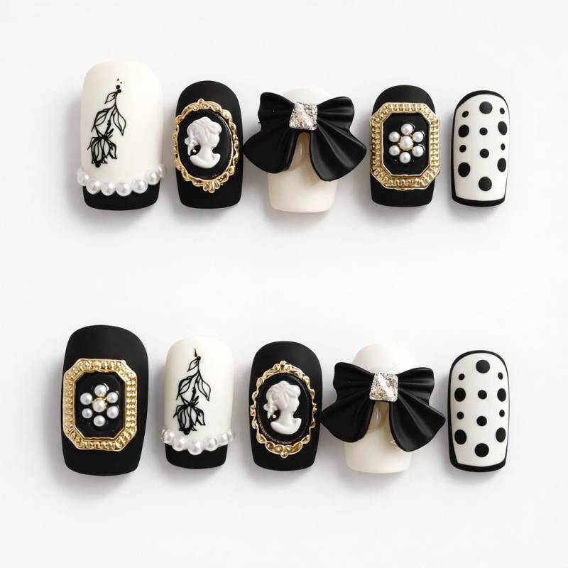 Black & White Press On Nails | Elegant French Tip Pearl Bow Classy Handmade Reusable Nail Set von Etsy - BlushPressOn