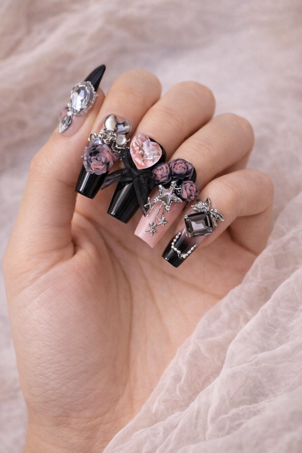 Gothic Rose Press On Nails | Black Pink Luxury 3D Flower Rhinestone Handmade Ons Long Coffin von Etsy - BlushPressOn