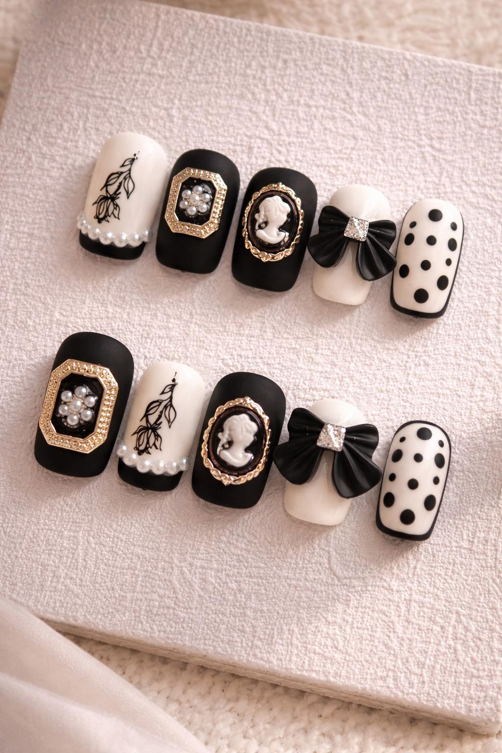 Luxury Black White Press On Nails | Pearl Bow French Tip Handmade Glue Elegant Reusable Bridal Set von Etsy - BlushPressOn