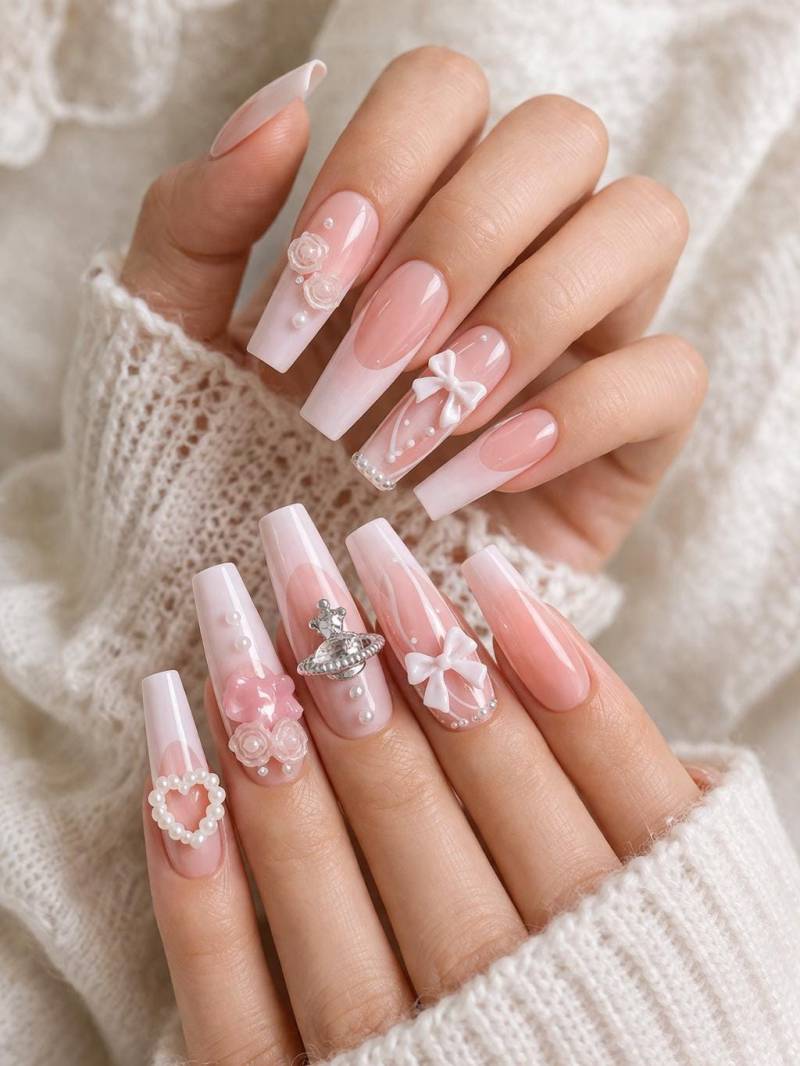 Luxury Pink Press On Nails | Bow & Pearl Handmade Nail Set Elegant Reusable Fake von Etsy - BlushPressOn