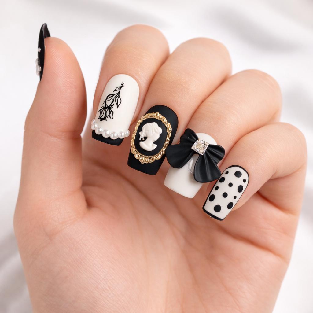 Luxury Press On Nails | Black White Vintage Cameo Pearl Designer Nail Set Elegant Glam von Etsy - BlushPressOn