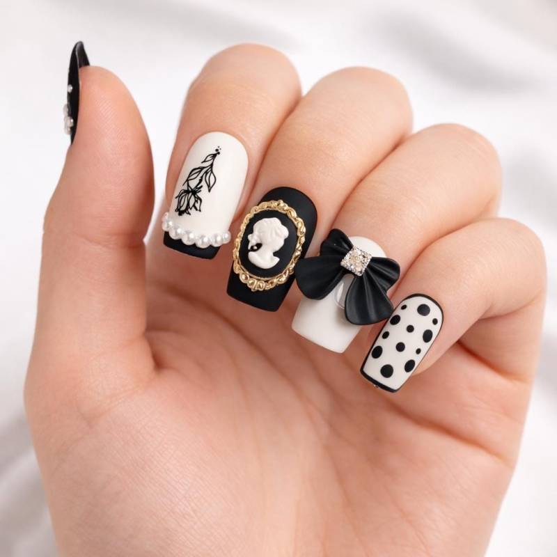 Luxury Press On Nails | Black White Vintage Cameo Pearl Designer Nail Set Elegant Glam von Etsy - BlushPressOn