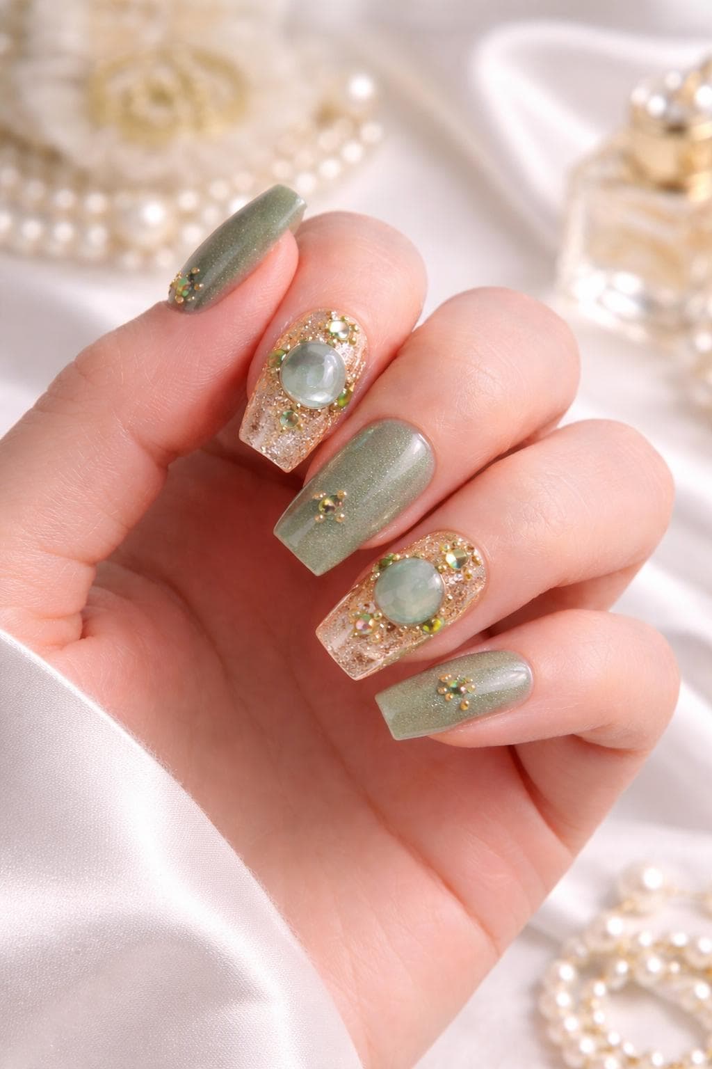 Luxury Press On Nails | Sage Green Gold Designer Nail Set Glam Rhinestone Elegant Reusable von Etsy - BlushPressOn