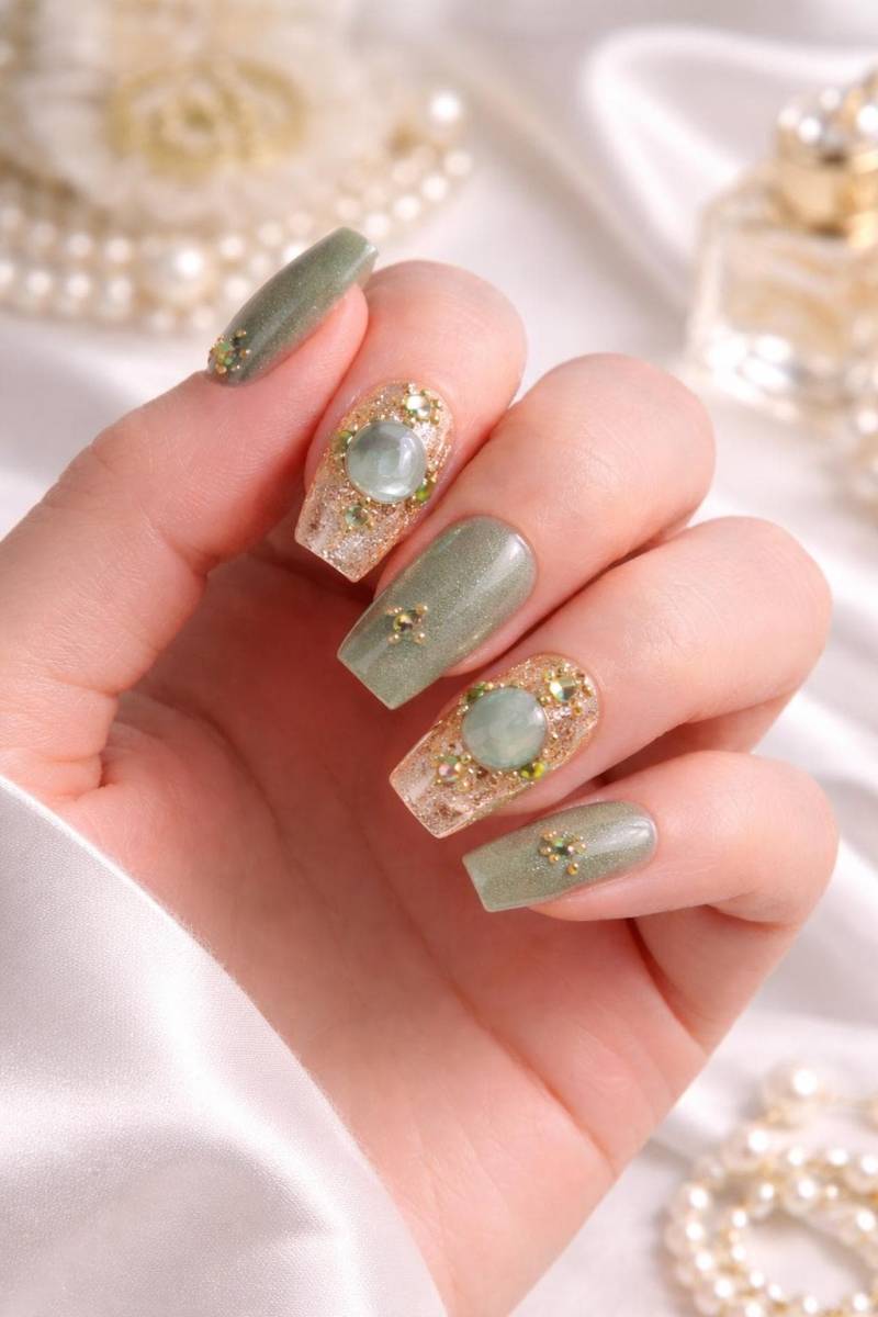 Luxury Press On Nails | Sage Green Gold Designer Nail Set Glam Rhinestone Elegant Reusable von Etsy - BlushPressOn