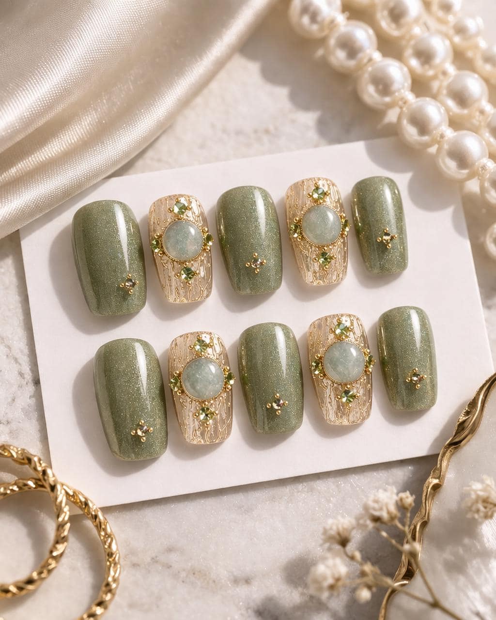 Sage Green Press On Nails | Gold Accent Elegant Minimal Handmade Glue Reusable Nail von Etsy - BlushPressOn
