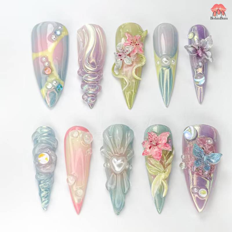 3D Fantasy Butterfly Press On Nails | Iridescent Pastel Chrome Nail Art With Flowers & Pearls Handmade Long Stiletto Fairycore Set von Etsy - BohmBum