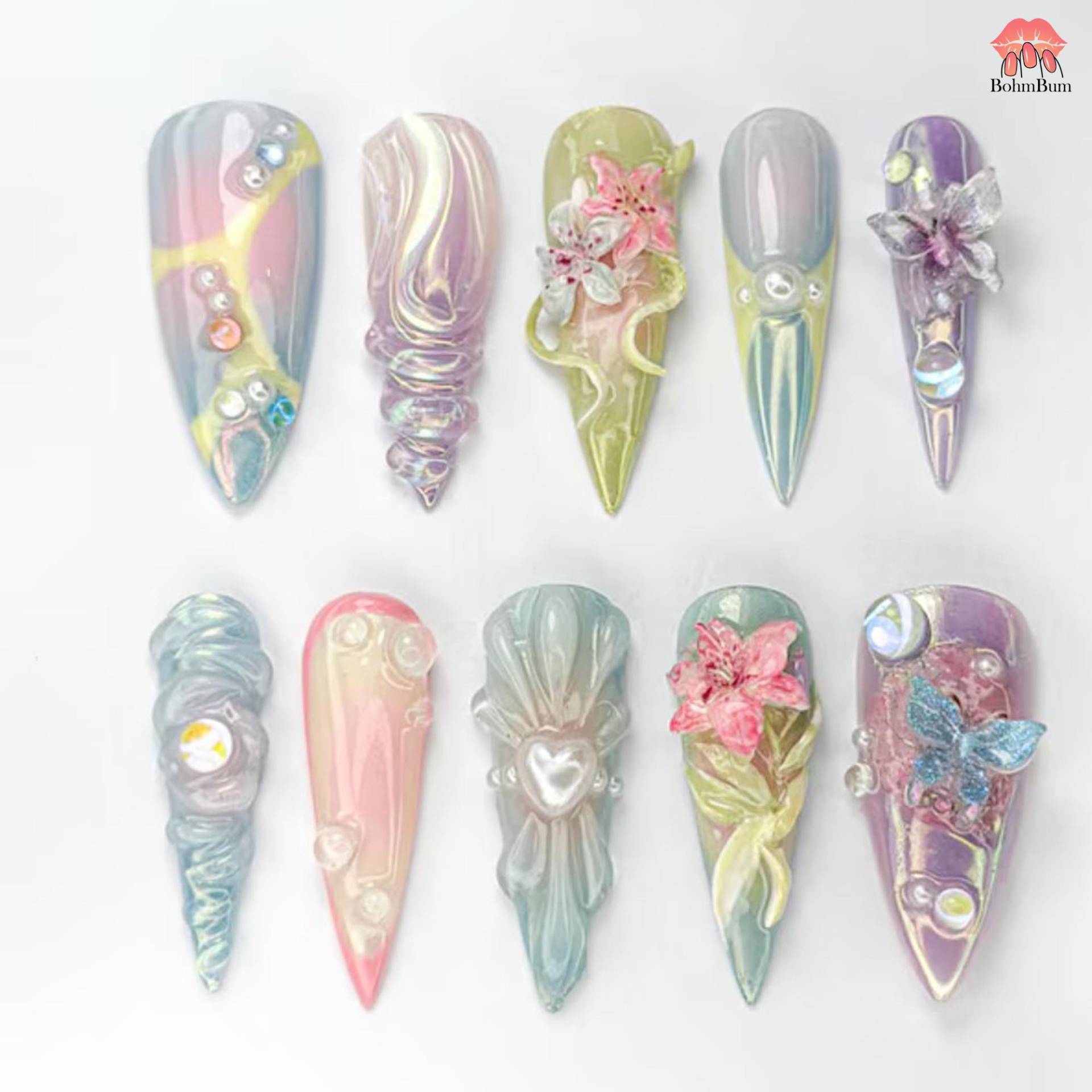 3D Fantasy Butterfly Press On Nails | Iridescent Pastel Chrome Nail Art With Flowers & Pearls Handmade Long Stiletto Fairycore Set 3D Fantasy Butterfly Press On Nails | Iridescent Pastel Chrome Nail Art With Flowers & Pearls Handmade Long Stiletto Fairycore Set von Etsy - BohmBum