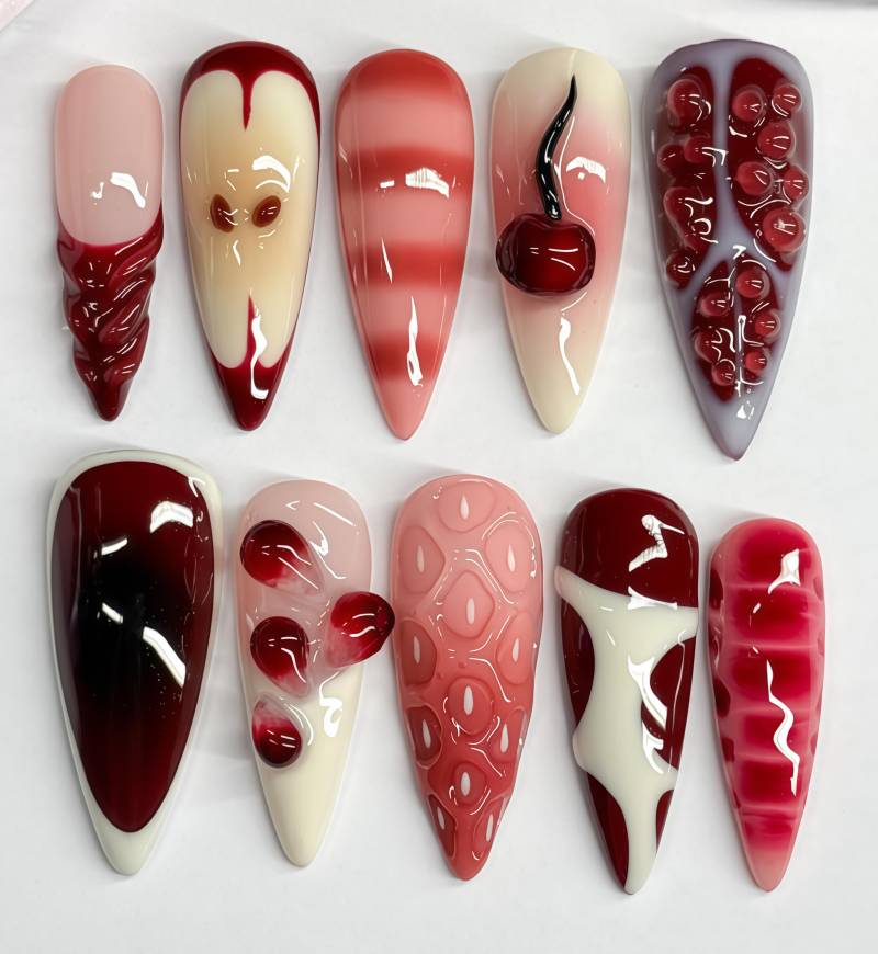 3D Red Cherry Press On Nails | Handmade Kawaii Fruit Nail Set Glossy With Cute Charms Summer Art von Etsy - BohmBum