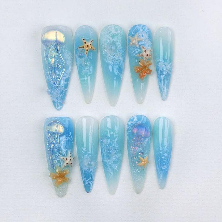 3D Summer Ocean Press On Nails | Handmade Mermaid With Shell, Pearl & Wave Art Iridescent Blue Beach Nail Set von Etsy - BohmBum