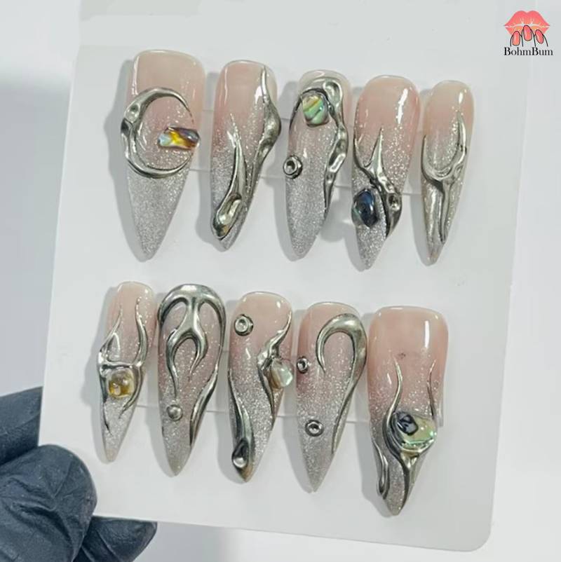Chrome Galaxy Press On Nails, Handmade 3D Metallic Nail Art With Gem Charms, Long Stiletto Glitter Futuristic Cybercore Style Set von Etsy - BohmBum