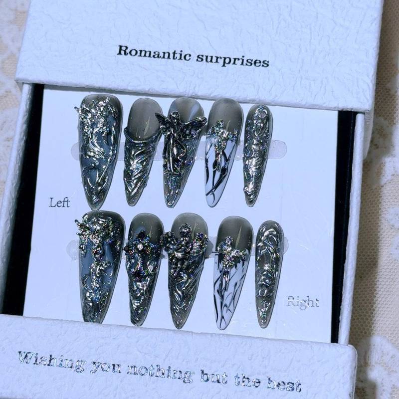 Gothic Angel Press On Nails, Handmade 3D Chrome Black Nail Art With Fairy Charms, Long Stiletto Dark Fantasy Nails For Cosplay Or Night Party von Etsy - BohmBum