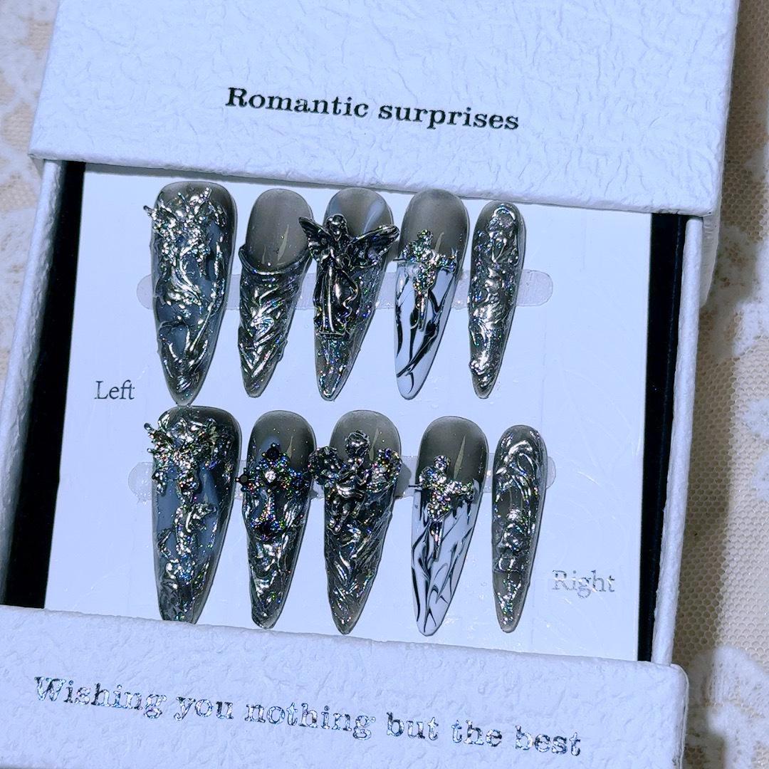 Gothic Angel Press On Nails, Handmade 3D Chrome Black Nail Art With Fairy Charms, Long Stiletto Dark Fantasy Nails For Cosplay Or Night Party Gothic Angel Press On Nails, Handmade 3D Chrome Black Nail Art With Fairy Charms, Long Stiletto Dark Fantasy Nails For Cosplay Or Night Party von Etsy - BohmBum